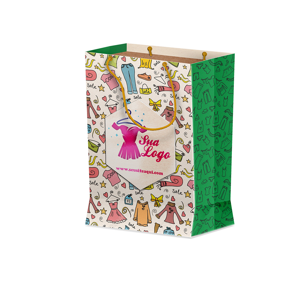 Sacola Duplex 191g Branco Com Verniz Localizado Mini Vertical · L15 × P7 × A21 cm (aprox.) — 250 unidades