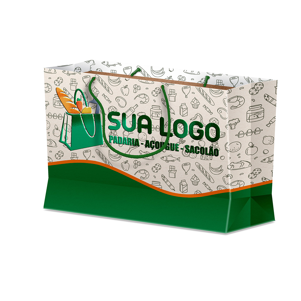 Sacola Duplex 191g Branco Com Verniz Localizado Média Horizontal · L30 × P8 × A22 cm (aprox.) — 250 unidades